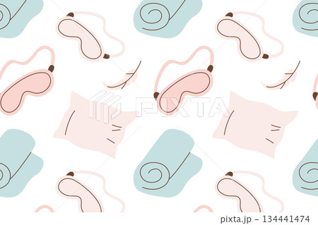 Flat cartoon vector illustration of sleep pattern with pillows, blankets and sleep mask, cozy bedtime theme, soft calm mood, seamless decorative design for night routines, home textiles 134441474