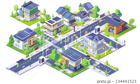 太陽光発電とEV充電を備えたエコ住宅街のアイソメトリックイラスト 太陽光発電とEV充電を備えたエコ住宅街のアイソメトリックイラスト 134441523