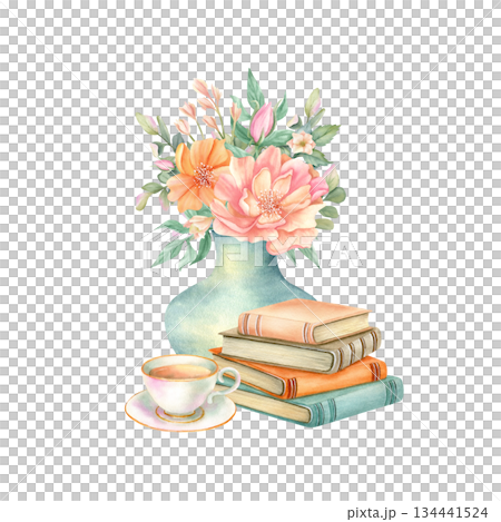 Vase of flowers, stack of books, cup of tea. Delicate watercolor spring still life. Cozy home interior composition. Elegant blooming bouquet of peony. Hand drawn isolated illustration. Vintage style Vase of flowers, stack of books, cup of tea. Delicate watercolor spring still life. Cozy home interior composition. Elegant blooming bouquet of peony. Hand drawn isolated illustration. Vintage style 134441524