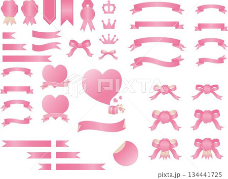 チョコレートカラーのリボン、シーリングワックス、王冠、ハートの高級感あるベクターデザイン素材セット 134441725