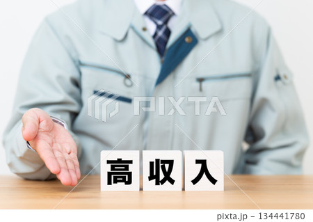 高収入のブロックと作業着を着たミドル男性ビジネスマン 高収入のブロックと作業着を着たミドル男性ビジネスマン 134441780