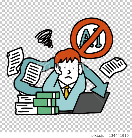 插圖描繪了一位商人身處一家禁止或限制使用人工智慧的公司，並因此陷入困境的場景。 134441919