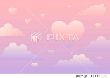 pastel gradient sky with floating heart shapes among soft dreamy clouds 134441950