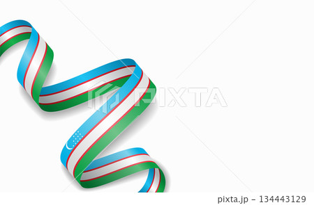 Uzbekistani flag stylized wavy ribbon, symbolizing national pride, celebration, cultural identity. Vector illustration. 134443129