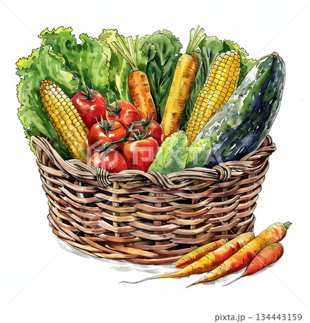 新鮮な野菜かごの水彩イラスト 134443159
