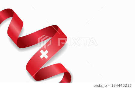 Swiss flag stylized wavy ribbon, symbolizing national pride, celebration, cultural identity. Vector illustration. 134443213