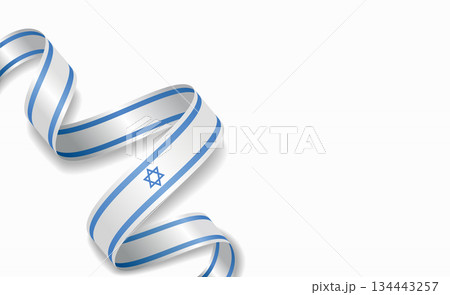 Israeli flag stylized wavy ribbon, symbolizing national pride, celebration, cultural identity. Vector illustration. 134443257