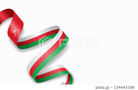 Omani flag stylized wavy ribbon, symbolizing national pride, celebration, cultural identity. Vector illustration. Omani flag stylized wavy ribbon, symbolizing national pride, celebration, cultural identity. Vector illustration. 134443306
