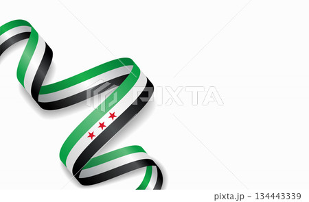 Syrian flag stylized wavy ribbon, symbolizing national pride, celebration, cultural identity. Vector illustration. 134443339