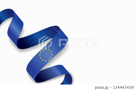 European Union flag stylized wavy ribbon, symbolizing national pride, celebration, cultural identity. Vector illustration. 134443439