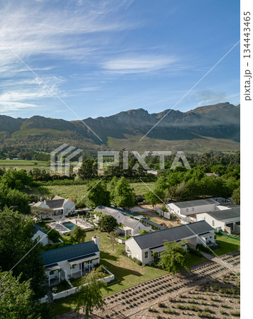Aerial view of a village with vineyards and houses nestled against a mountain range. Rural landscape for travel and tourism concept. Aerial view of a village with vineyards and houses nestled against a mountain range. Rural landscape for travel and tourism concept. 134443465