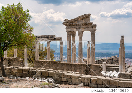 Ancient Temple of Trajan ruins at Pergamon Acropolis overlooking Bergama, Turkey 134443639