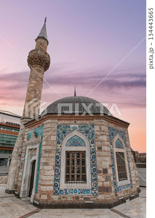Konak Yali Mosque, Izmir, Turkey. Historic Ottoman architecture with vibrant tilework and minaret at sunset. Konak Yali Mosque, Izmir, Turkey. Historic Ottoman architecture with vibrant tilework and minaret at sunset. 134443665
