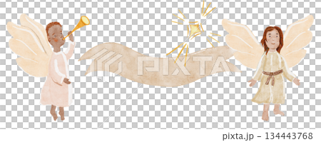 A pair of gentle watercolor angels with blank ribbon banner in cloud white tones watercolor, with warm textures, perfect for Christmas cards, decor, inspirational holiday designs. White background 134443768