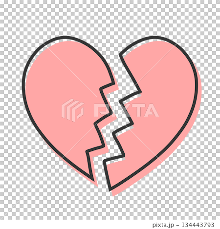 ひび割れたシンプルなハートの手描きイラストアイコン 版ズレ 赤 134443793