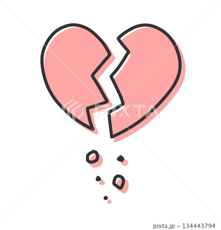 ひび割れて破片がボロボロと落ちているハートの手描きイラストアイコン 版ズレ 赤 134443794