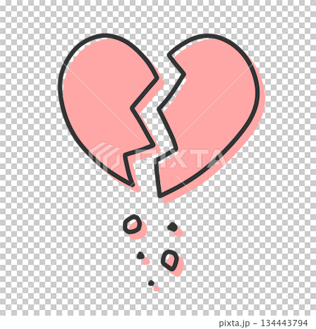 ひび割れて破片がボロボロと落ちているハートの手描きイラストアイコン 版ズレ 赤 134443794