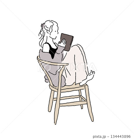椅子に座ってリラックスしながら本を読む女性 カラーイラスト 椅子に座ってリラックスしながら本を読む女性 カラーイラスト 134443896