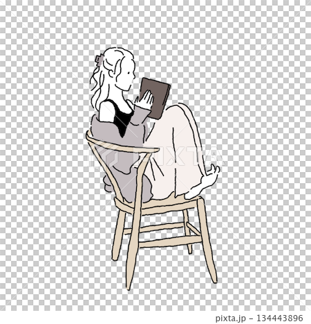椅子に座ってリラックスしながら本を読む女性 カラーイラスト 椅子に座ってリラックスしながら本を読む女性 カラーイラスト 134443896