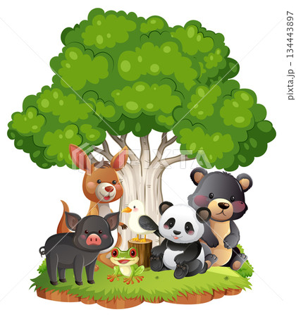 Cartoon Forest Animals Gathered Under Large Green Tree Cartoon Forest Animals Gathered Under Large Green Tree 134443897