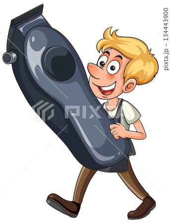 Cartoon Barber Carrying Oversized Electric Hair Clipper Cartoon Barber Carrying Oversized Electric Hair Clipper 134443900