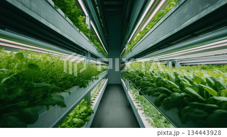 Vertical farming system presenting rows of thriving green plants under controlled grow lights, showcasing sustainable urban agriculture and innovative hydroponic technology 134443928