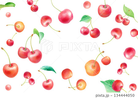水彩のさくらんぼ フレームイラスト　中央空白の装飾素材 PNG 134444050