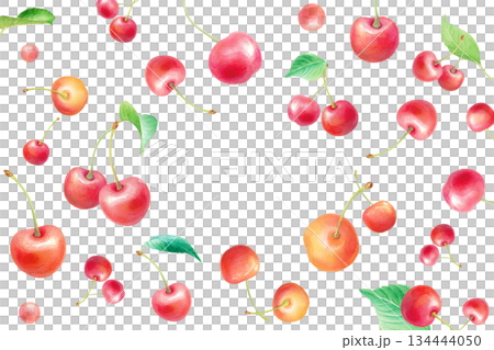 水彩のさくらんぼ フレームイラスト　中央空白の装飾素材 PNG 134444050