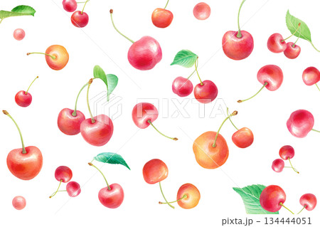 水彩のさくらんぼパターン　ランダムな大きさの配置　背景 134444051