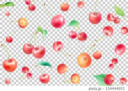 水彩のさくらんぼパターン　ランダムな大きさの配置　背景 134444051