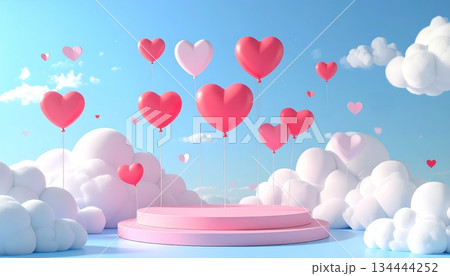 Podium decorated with heart-shaped balloons and clouds Podium decorated with heart-shaped balloons and clouds 134444252