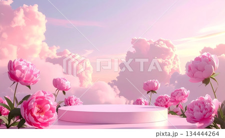 Podium with peonies, pink sky background Podium with peonies, pink sky background 134444264
