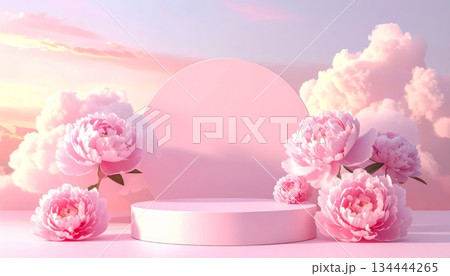Podium with peonies, pink sky background 134444265