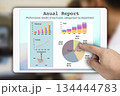 Someone hand pointing to graph of annual report showing on electronic tablet screen. 134444783