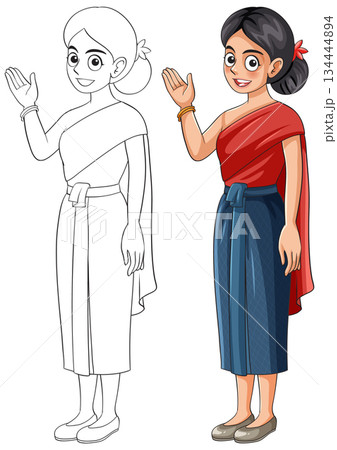 Traditional Woman in Thai Dress Waving Hand Vector Illustration Traditional Woman in Thai Dress Waving Hand Vector Illustration 134444894