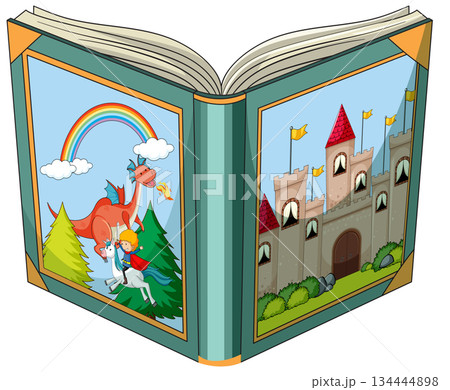 Open Storybook with Knight, Dragon, and Castle Illustration Open Storybook with Knight, Dragon, and Castle Illustration 134444898