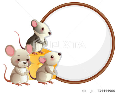 Three Cartoon Mice with Cheese and Circular Frame 134444900