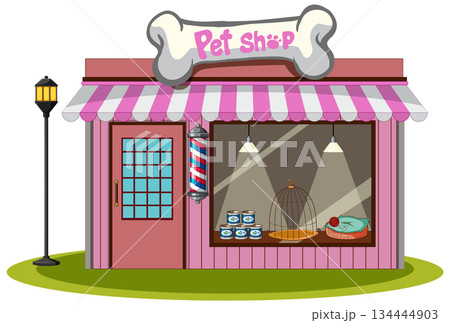 Pet Shop Storefront With Striped Awning and Display Window Pet Shop Storefront With Striped Awning and Display Window 134444903