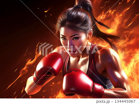 ボクシングのグローブをつけてパンチを打つ女性と炎の背景 134445067