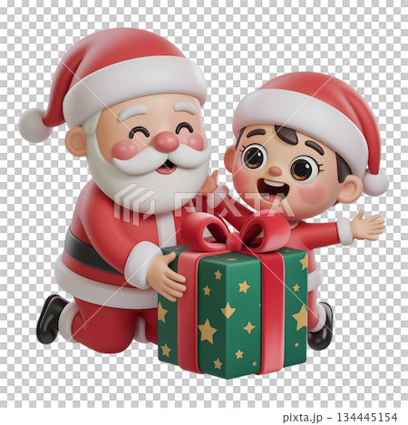 Heartwarming 3d illustration of santa claus delivering gift to excited child, perfect for holiday cards, advertising, family-themed christmas projects 134445154