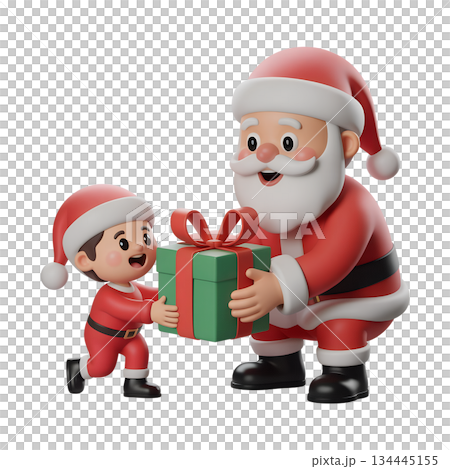 Joyful 3d scene of santa claus in his red suit giving festive christmas present to a smiling, happy child, capturing the magic of christmas morning 134445155