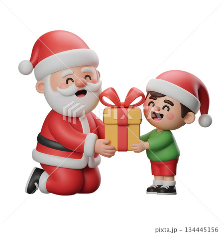 Joyful 3d scene of santa claus in his red suit giving festive christmas present to a smiling, happy child, capturing the magic of christmas morning 134445156