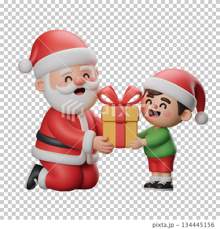 Joyful 3d scene of santa claus in his red suit giving festive christmas present to a smiling, happy child, capturing the magic of christmas morning 134445156
