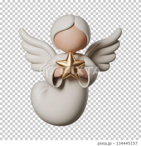 Whimsical 3d angel character proudly presenting large golden star, perfect for christmas tree toppers, star of bethlehem concepts, and greetings 134445157
