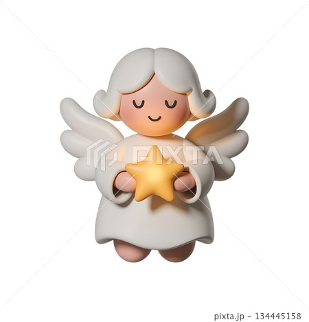 Friendly cartoon angel holding shimmering gold star, great for holiday cards, sunday school materials, and cheerful winter designs 134445158