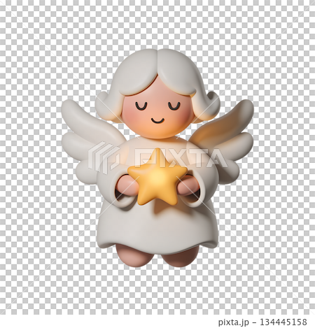 Friendly cartoon angel holding shimmering gold star, great for holiday cards, sunday school materials, and cheerful winter designs 134445158