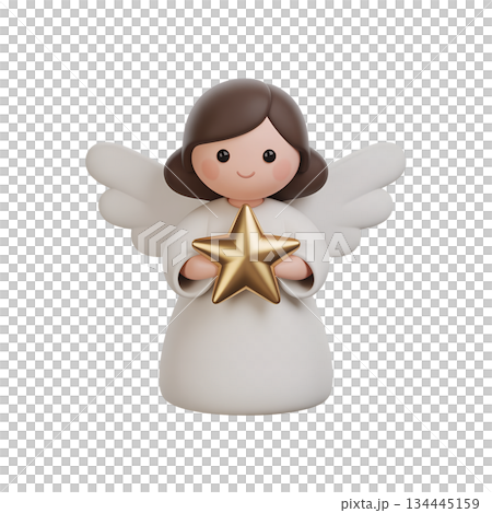 Cute 3d rendered angel with golden star, perfect for nativity scenes, church events, christmas tree toppers or festive winter illustrations 134445159