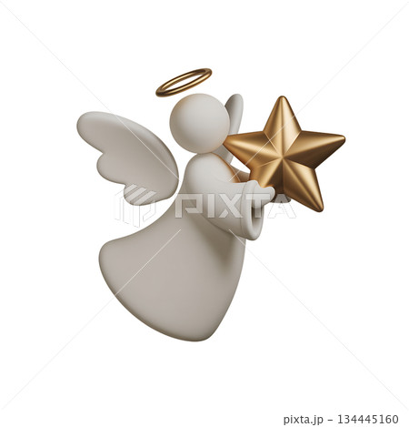 Cheerful 3d cartoon angel character holding shining golden star, ideal for christmas decorations, religious themes, holiday greetings, celestial designs 134445160