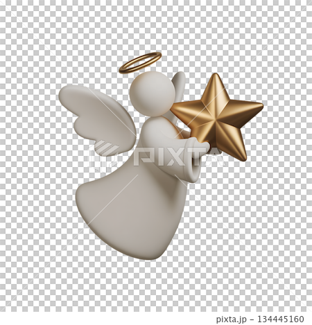 Cheerful 3d cartoon angel character holding shining golden star, ideal for christmas decorations, religious themes, holiday greetings, celestial designs 134445160