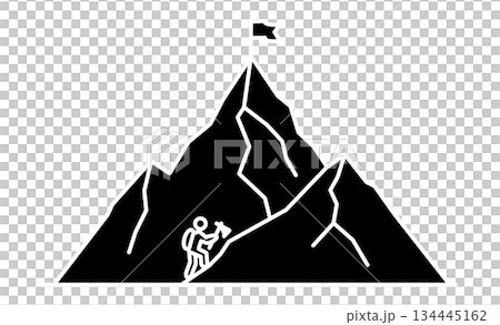 業餘登山：一個簡單的圖標，描繪了一個人手持冰鎬攀登山峰的場景。 134445162